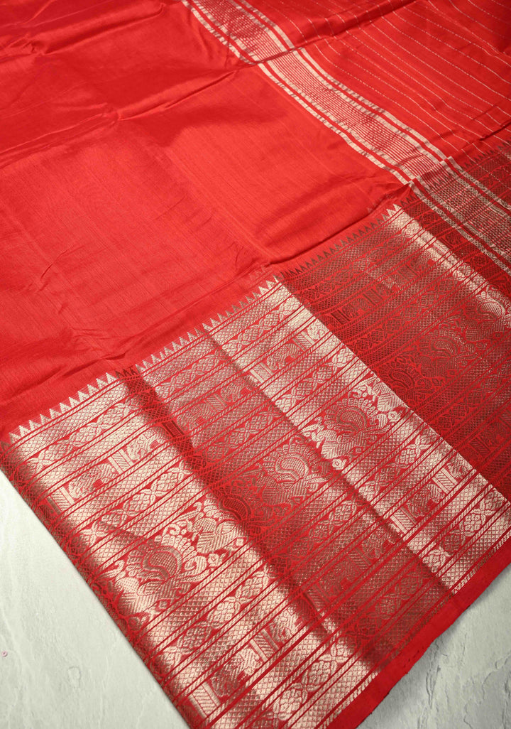 Bright Red Handwoven Mangalagiri Silk Cotton Saree with Wide Silver Zari Border