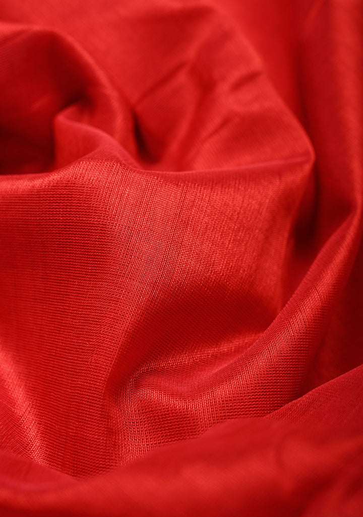 Bright Red Handwoven Mangalagiri Silk Cotton Saree with Wide Silver Zari Border