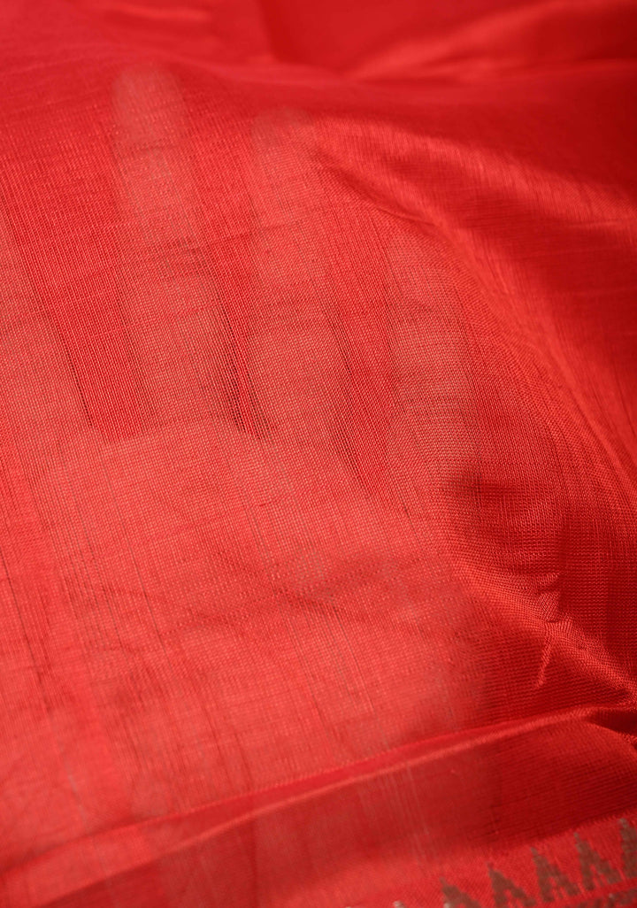 Bright Red Handwoven Mangalagiri Silk Cotton Saree with Wide Silver Zari Border
