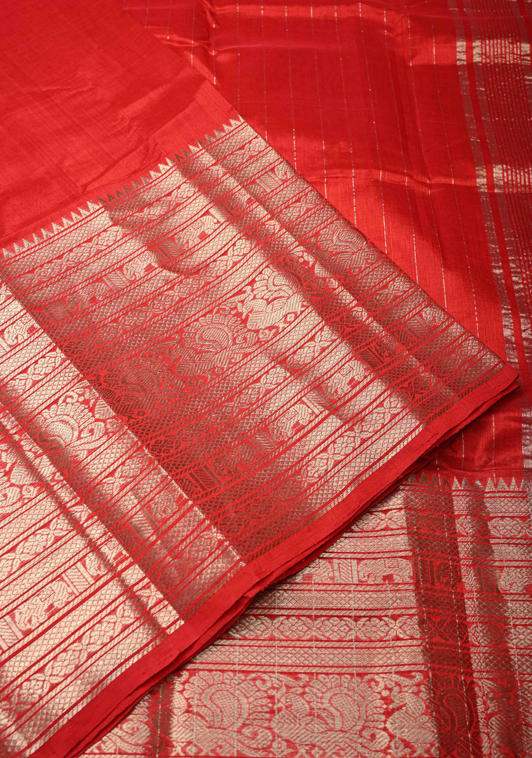Bright Red Handwoven Mangalagiri Silk Cotton Saree with Wide Silver Zari Border