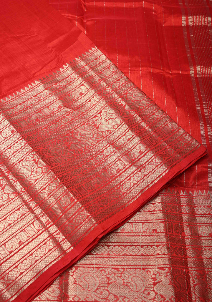 Bright Red Handwoven Mangalagiri Silk Cotton Saree with Wide Silver Zari Border