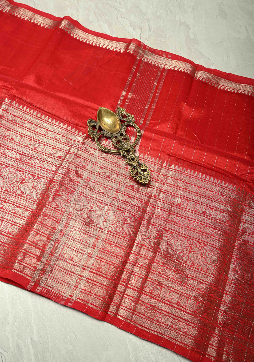 Bright Red Handwoven Mangalagiri Silk Cotton Saree with Wide Silver Zari Border