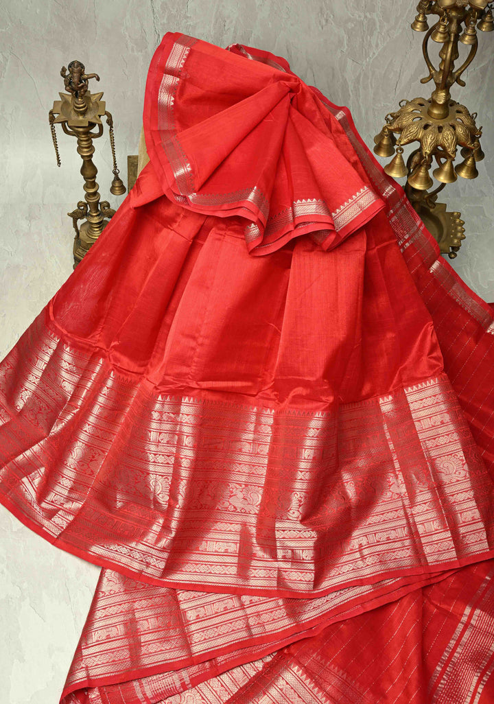 Bright Red Handwoven Mangalagiri Silk Cotton Saree with Wide Silver Zari Border