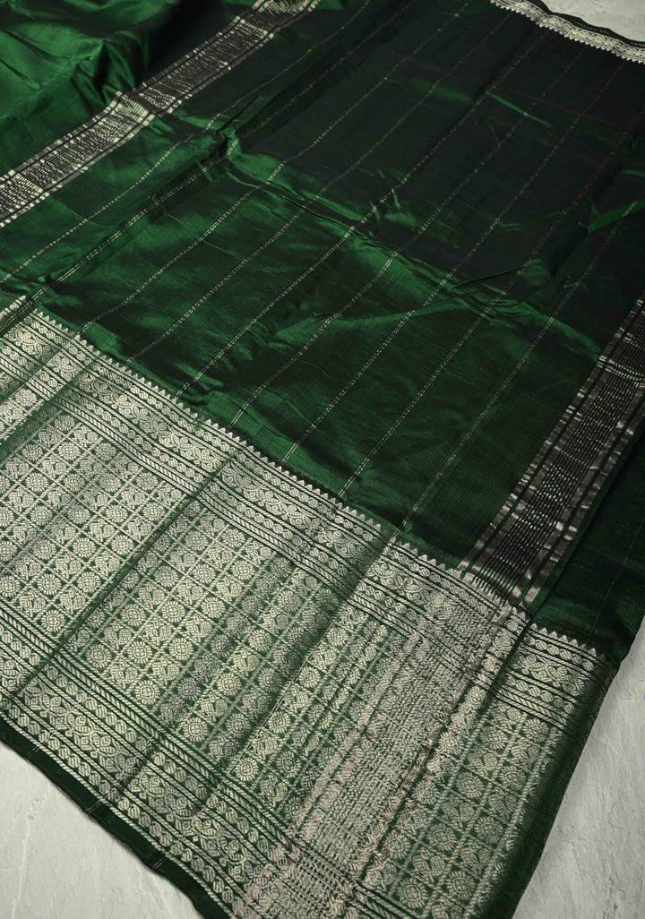 Dark Green Handwoven Mangalagiri Silk Cotton Saree with Wide Silver Zari Border