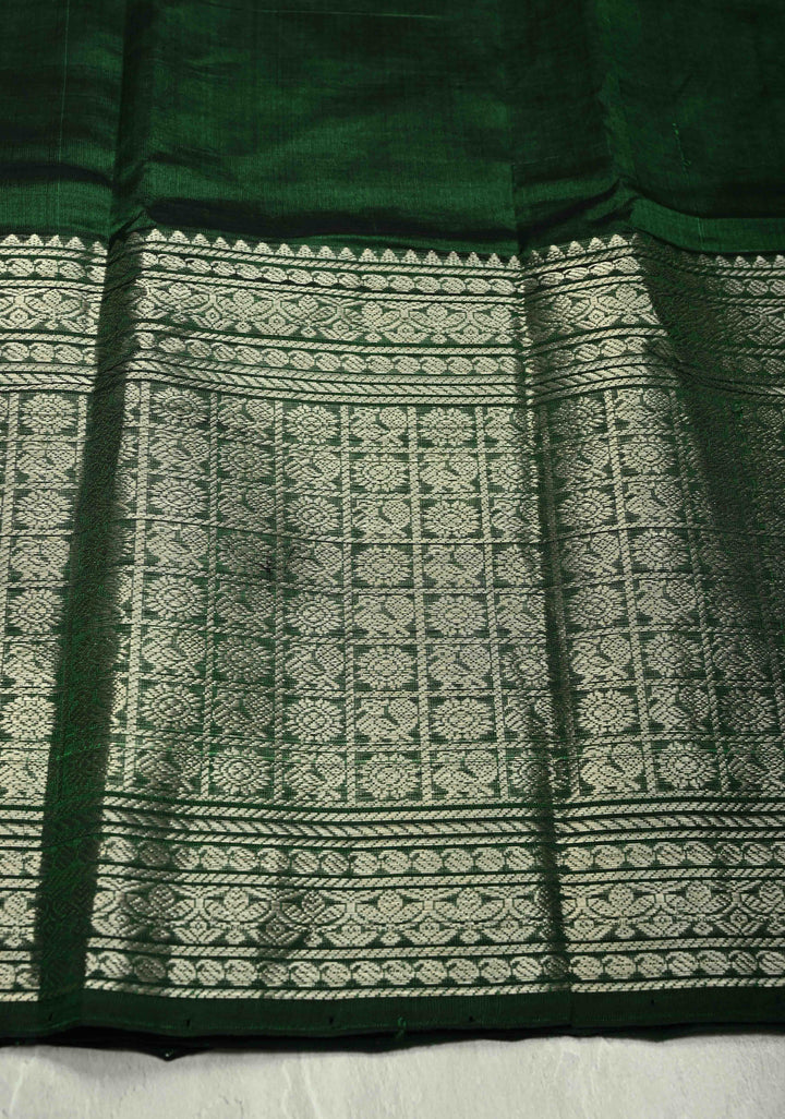 Dark Green Handwoven Mangalagiri Silk Cotton Saree with Wide Silver Zari Border