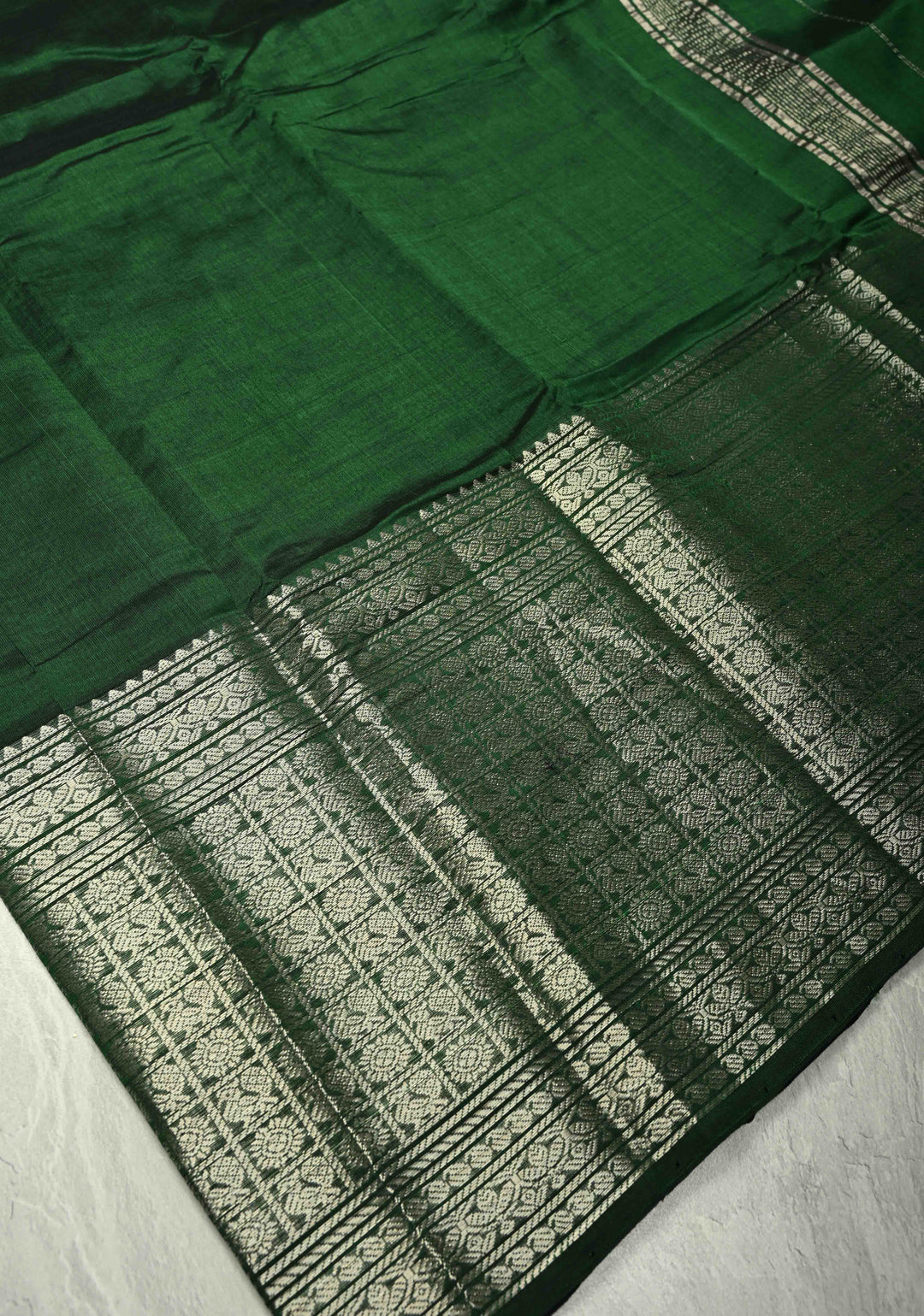 Dark Green Handwoven Mangalagiri Silk Cotton Saree with Wide Silver Zari Border