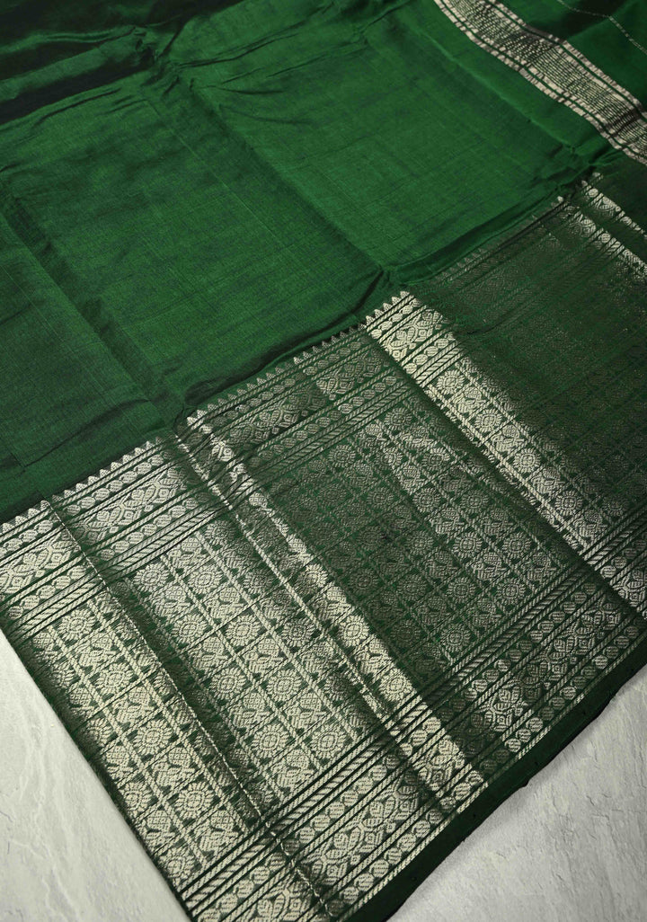 Dark Green Handwoven Mangalagiri Silk Cotton Saree with Wide Silver Zari Border
