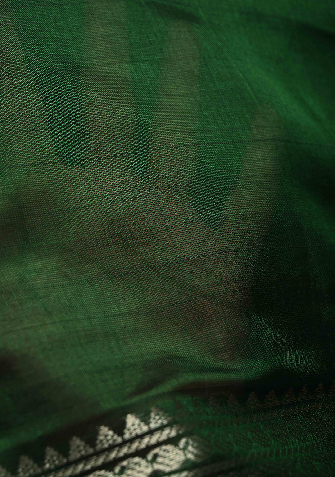 Dark Green Handwoven Mangalagiri Silk Cotton Saree with Wide Silver Zari Border