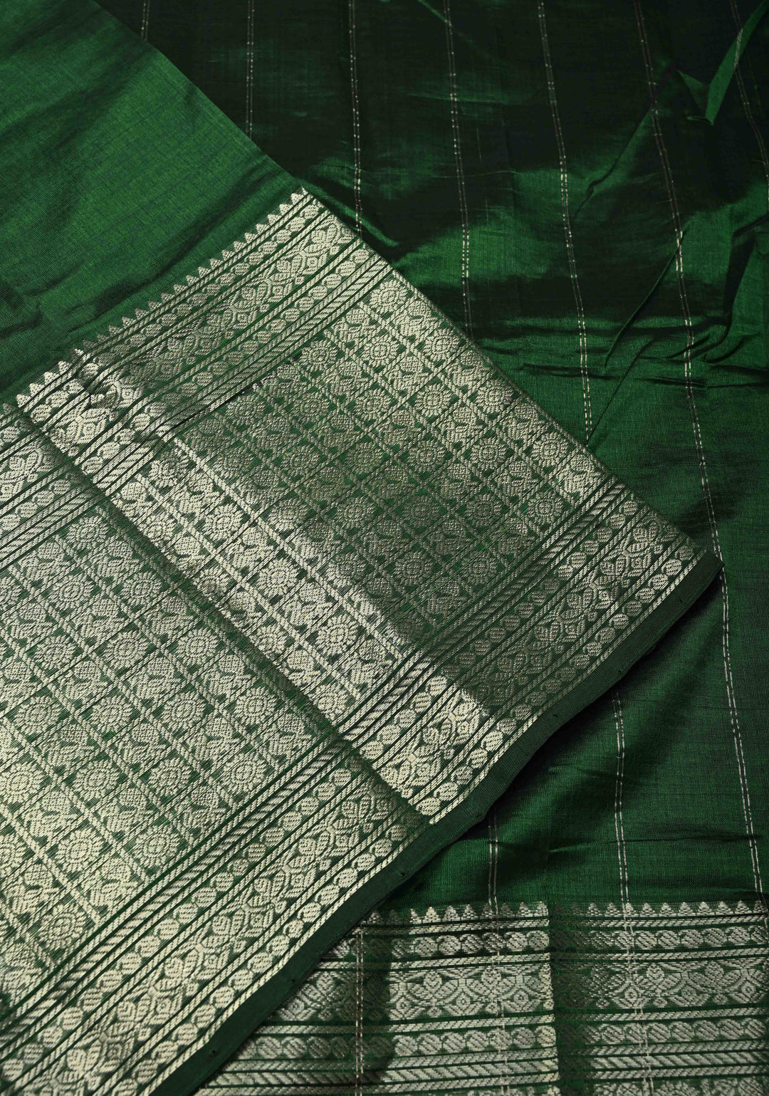 Dark Green Handwoven Mangalagiri Silk Cotton Saree with Wide Silver Zari Border