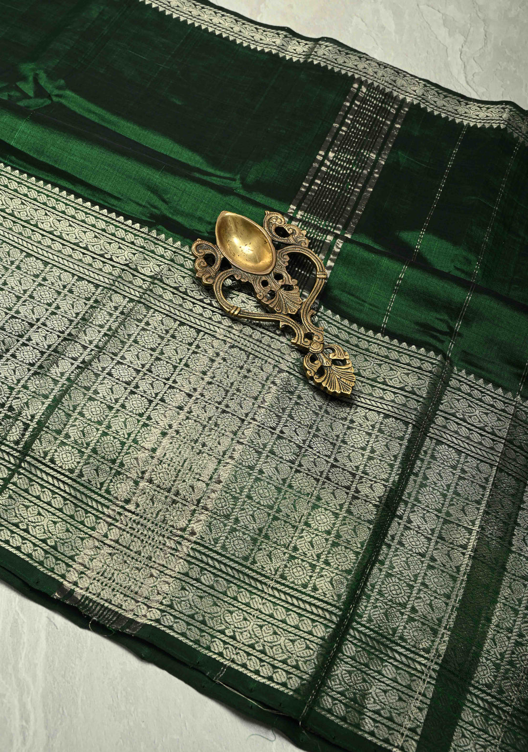 Dark Green Handwoven Mangalagiri Silk Cotton Saree with Wide Silver Zari Border