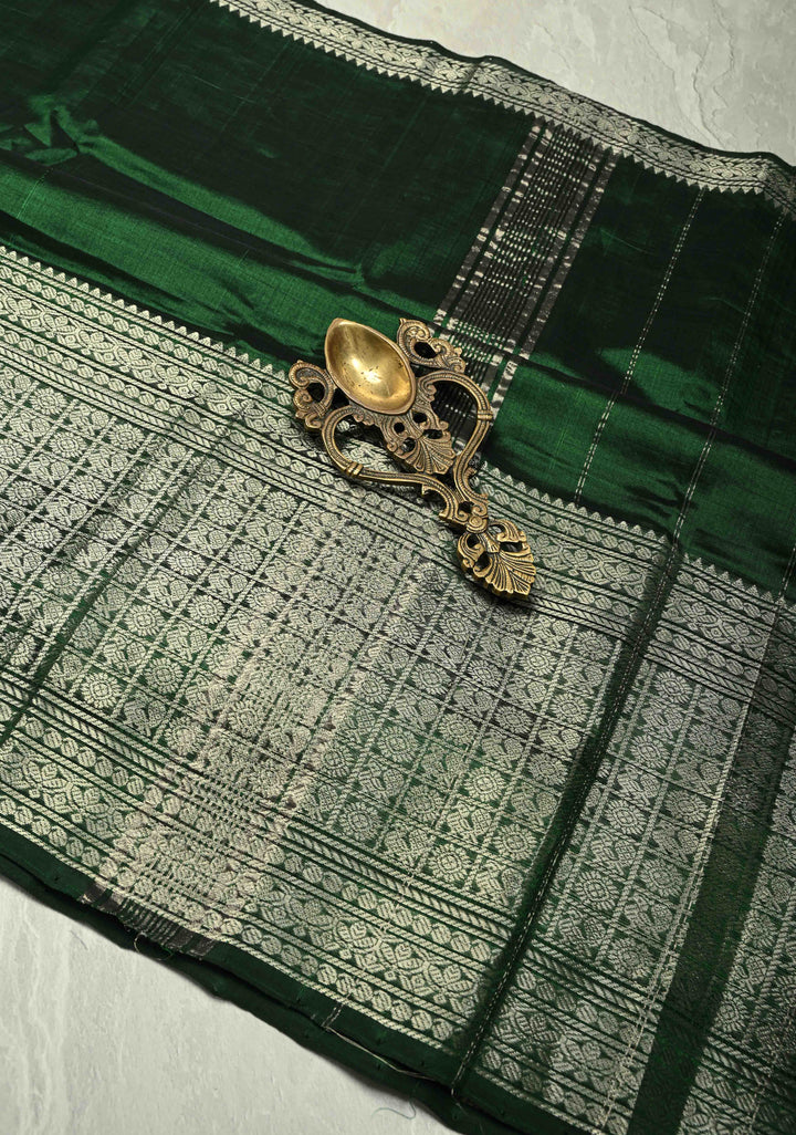 Dark Green Handwoven Mangalagiri Silk Cotton Saree with Wide Silver Zari Border
