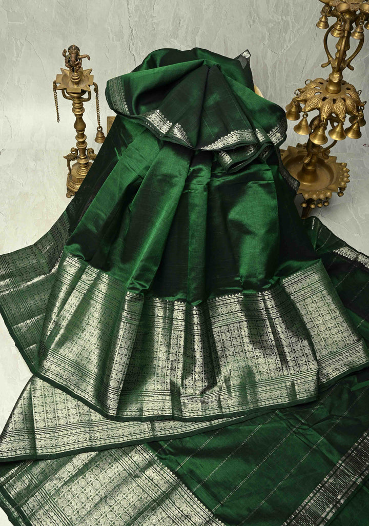Dark Green Handwoven Mangalagiri Silk Cotton Saree with Wide Silver Zari Border