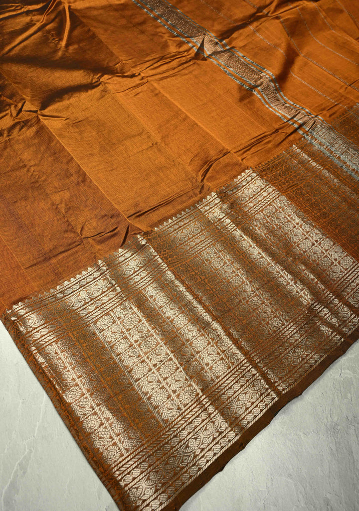 Copper Brown Dual Tone Handwoven Mangalagiri Silk Cotton Saree with Wide Silver Zari Border