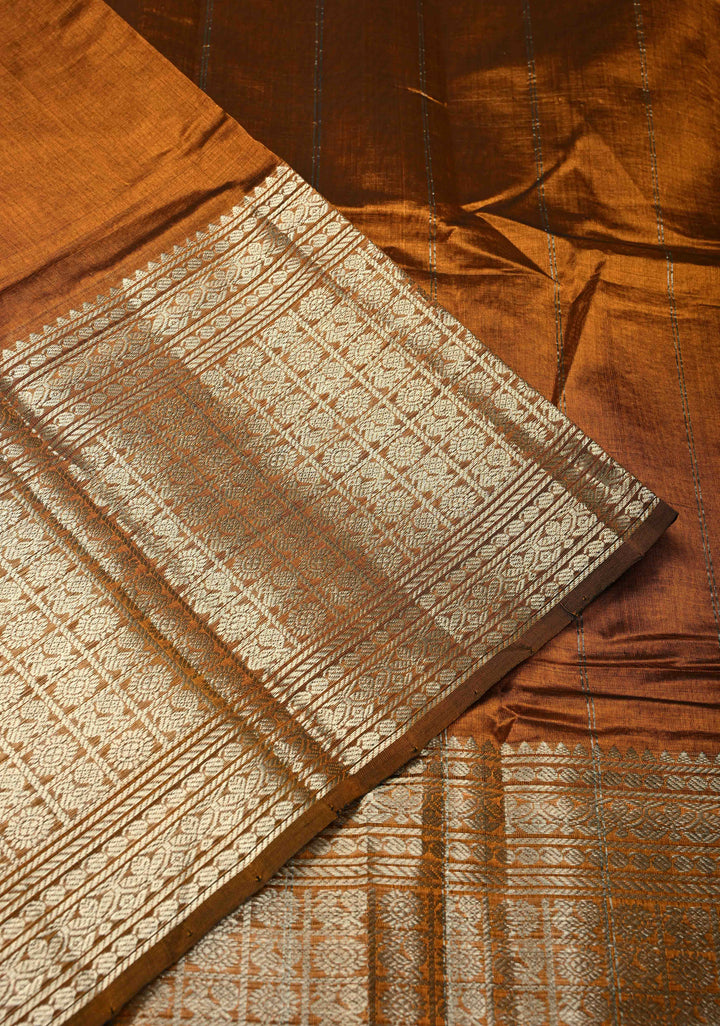 Copper Brown Dual Tone Handwoven Mangalagiri Silk Cotton Saree with Wide Silver Zari Border