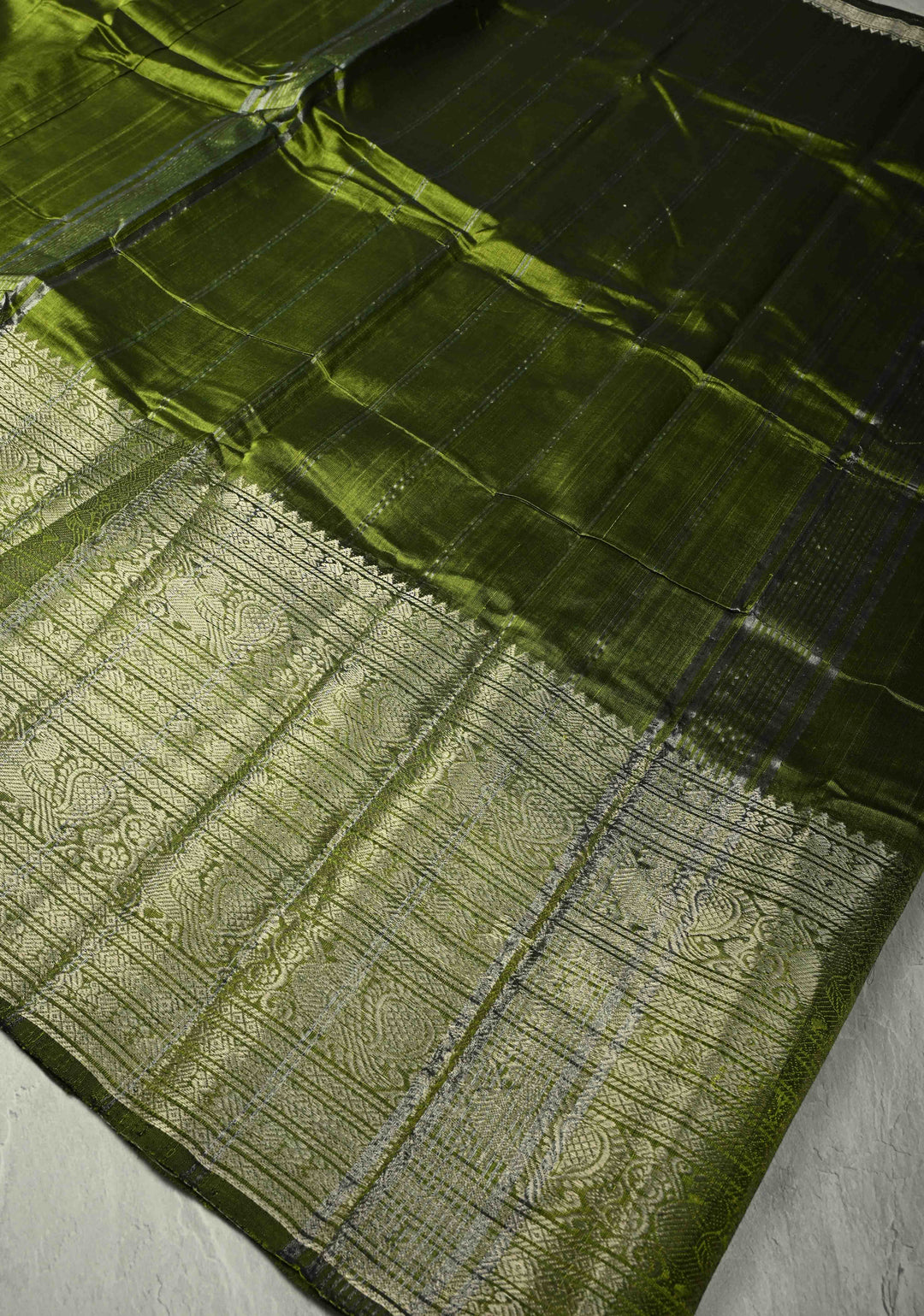 Parrot Green Handwoven Mangalagiri Silk Cotton Saree with Wide Silver Zari Border