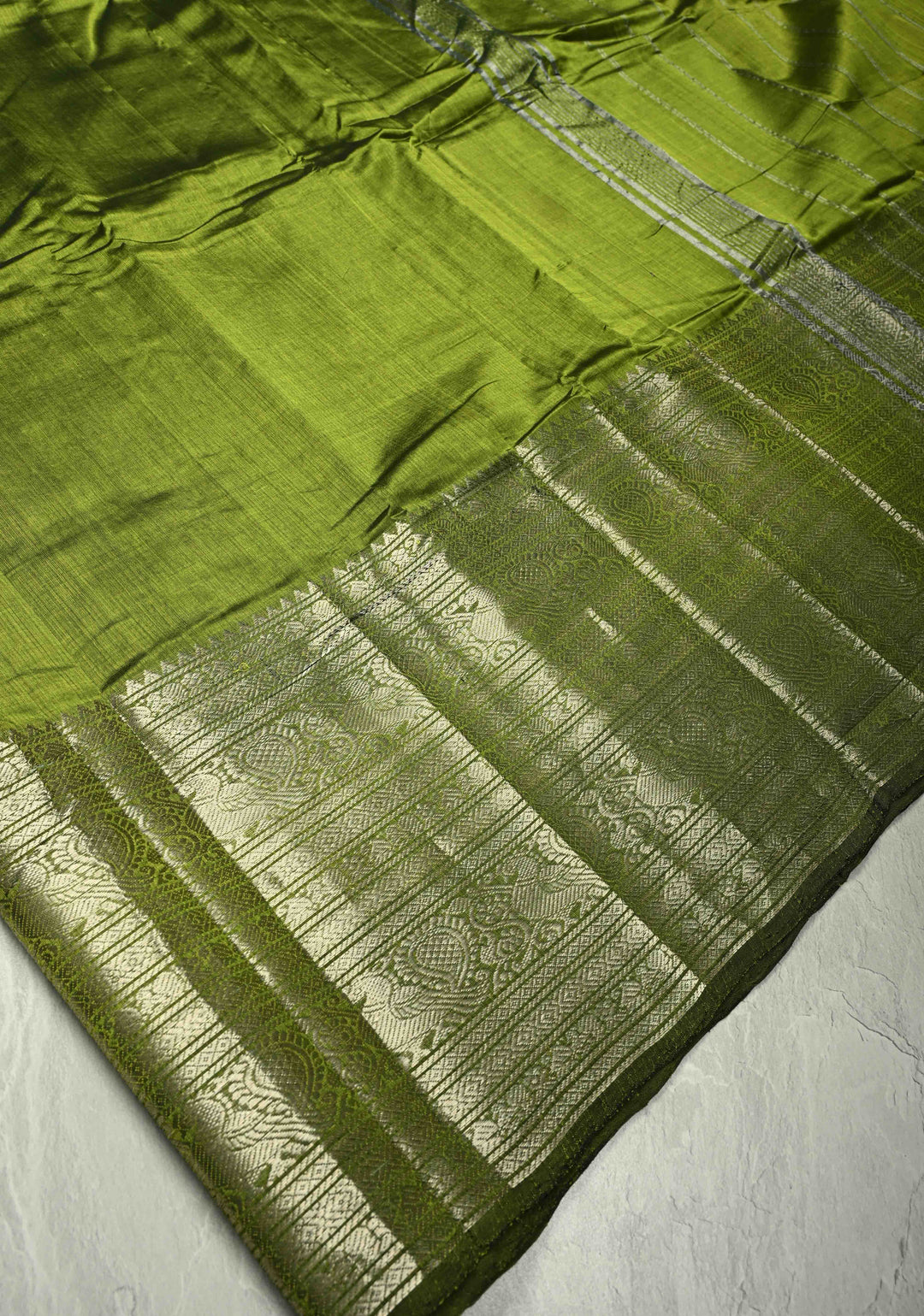 Parrot Green Handwoven Mangalagiri Silk Cotton Saree with Wide Silver Zari Border