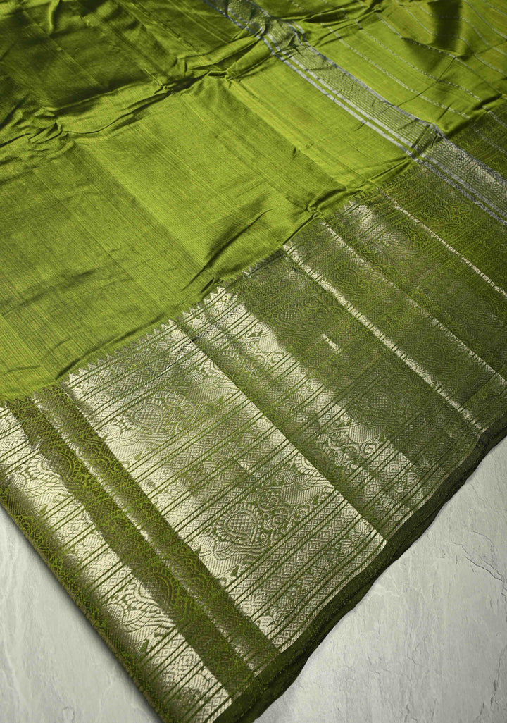 Parrot Green Handwoven Mangalagiri Silk Cotton Saree with Wide Silver Zari Border