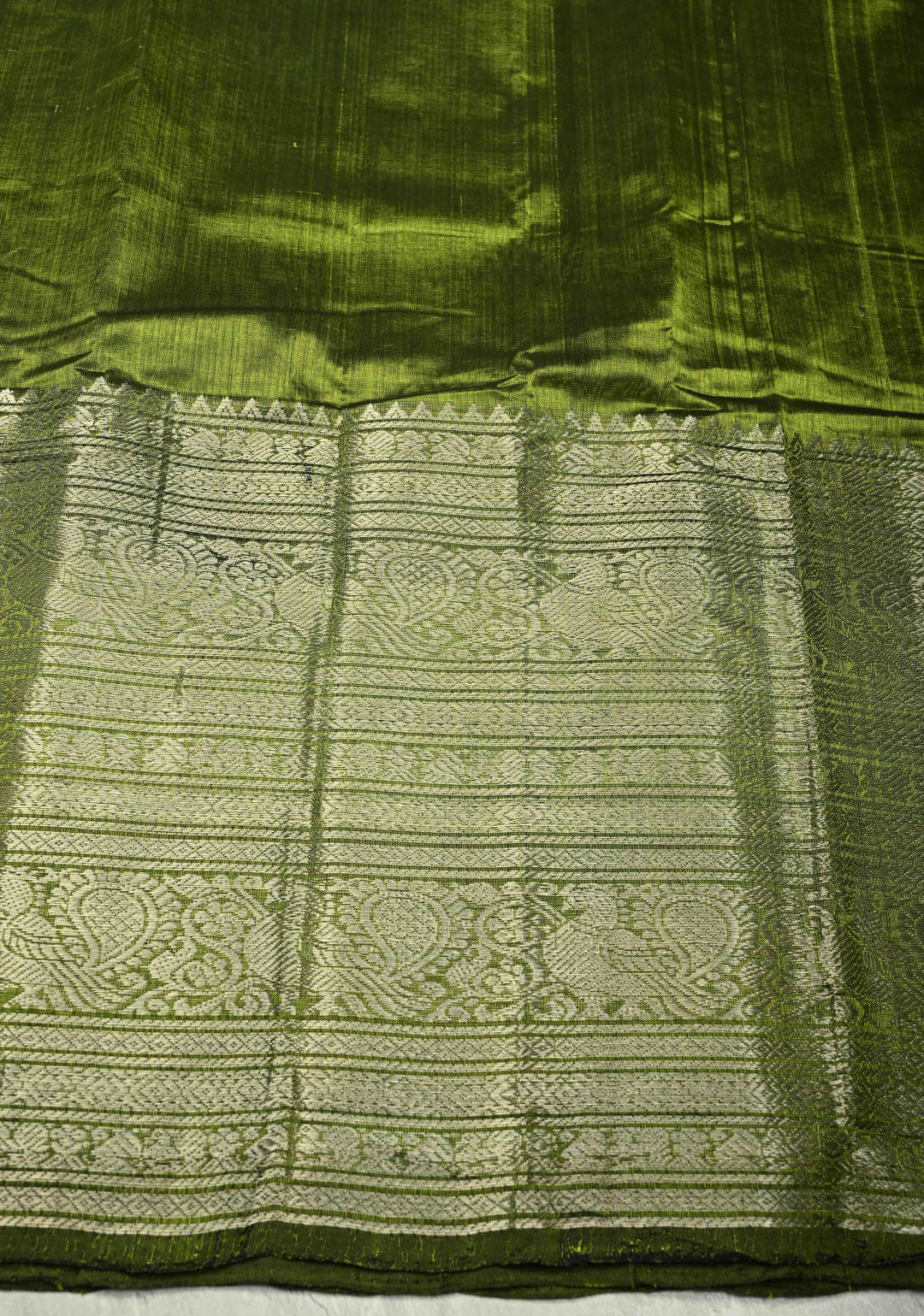 Parrot Green Handwoven Mangalagiri Silk Cotton Saree with Wide Silver Zari Border