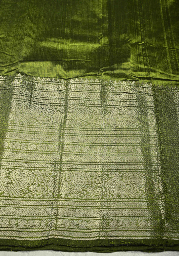 Parrot Green Handwoven Mangalagiri Silk Cotton Saree with Wide Silver Zari Border