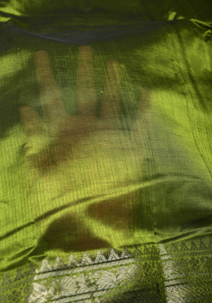 Parrot Green Handwoven Mangalagiri Silk Cotton Saree with Wide Silver Zari Border