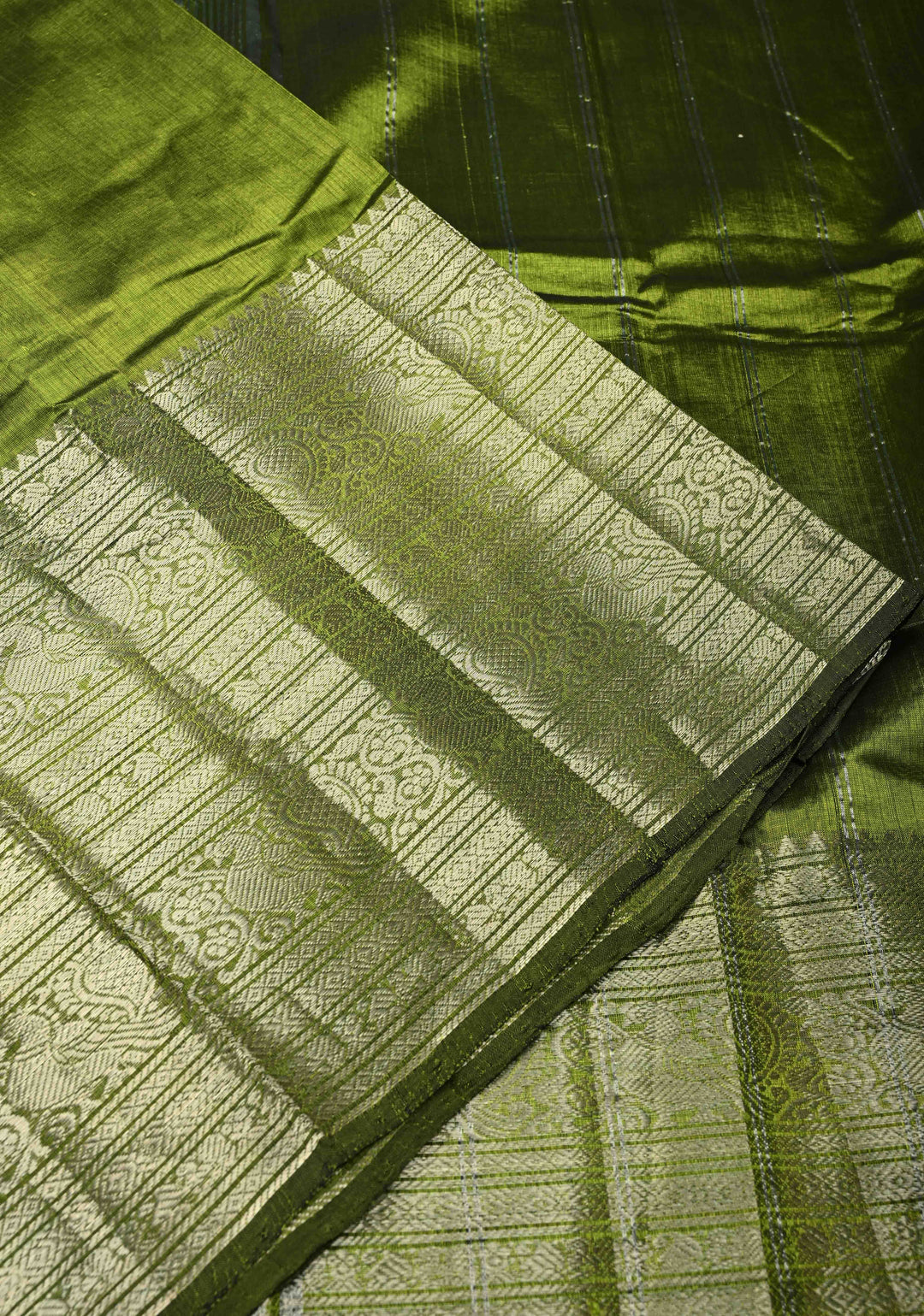 Parrot Green Handwoven Mangalagiri Silk Cotton Saree with Wide Silver Zari Border