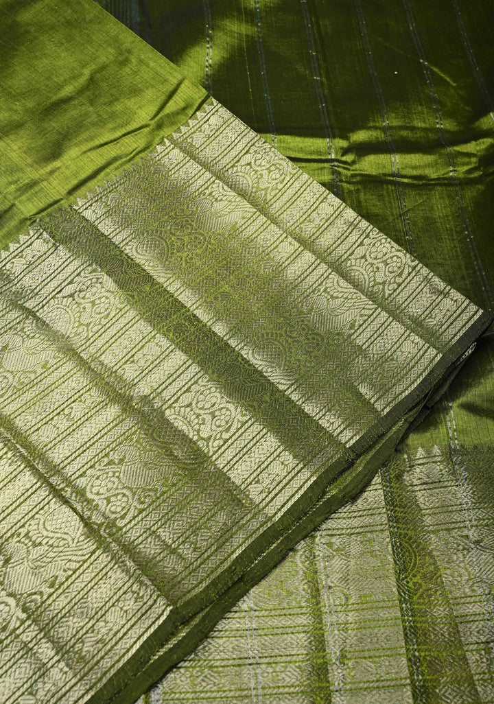 Parrot Green Handwoven Mangalagiri Silk Cotton Saree with Wide Silver Zari Border