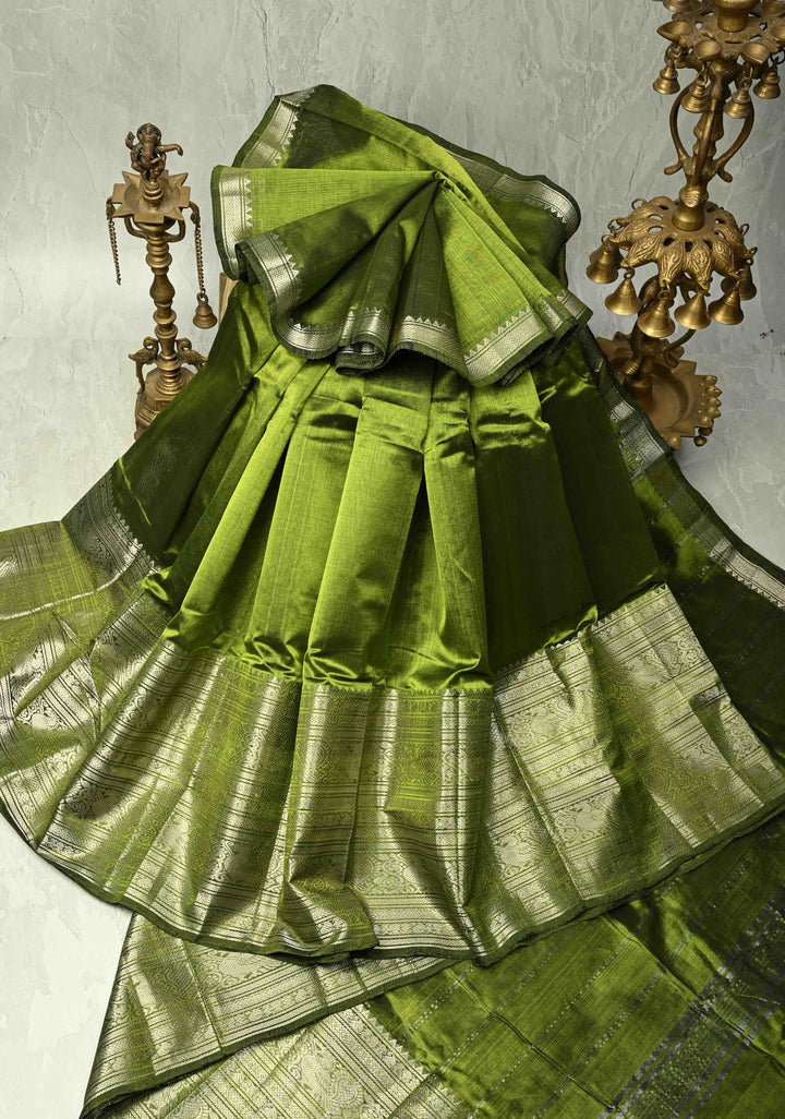 Parrot Green Handwoven Mangalagiri Silk Cotton Saree with Wide Silver Zari Border
