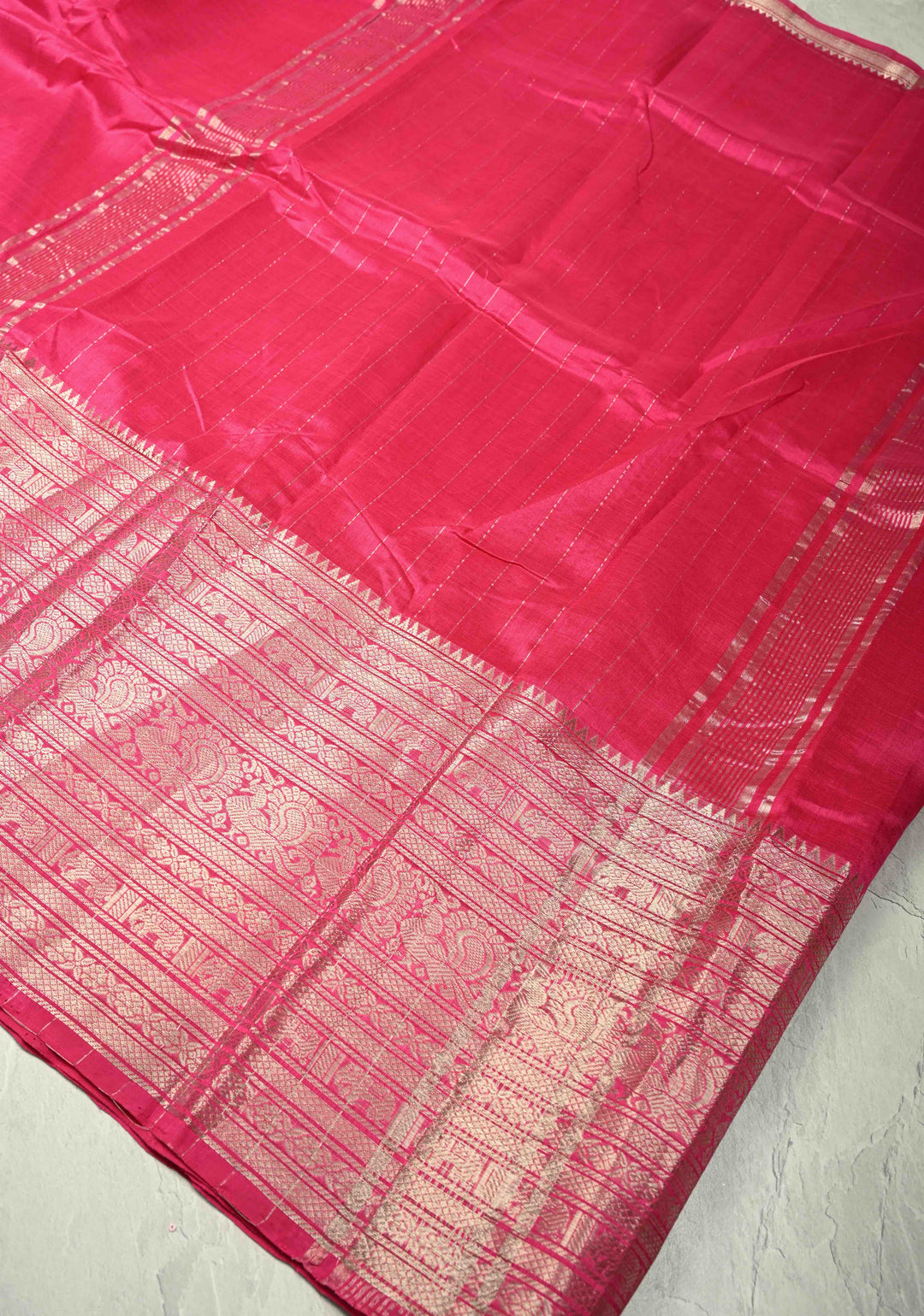 Magenta Handwoven Mangalagiri Silk Cotton Saree with Wide Silver Zari Border