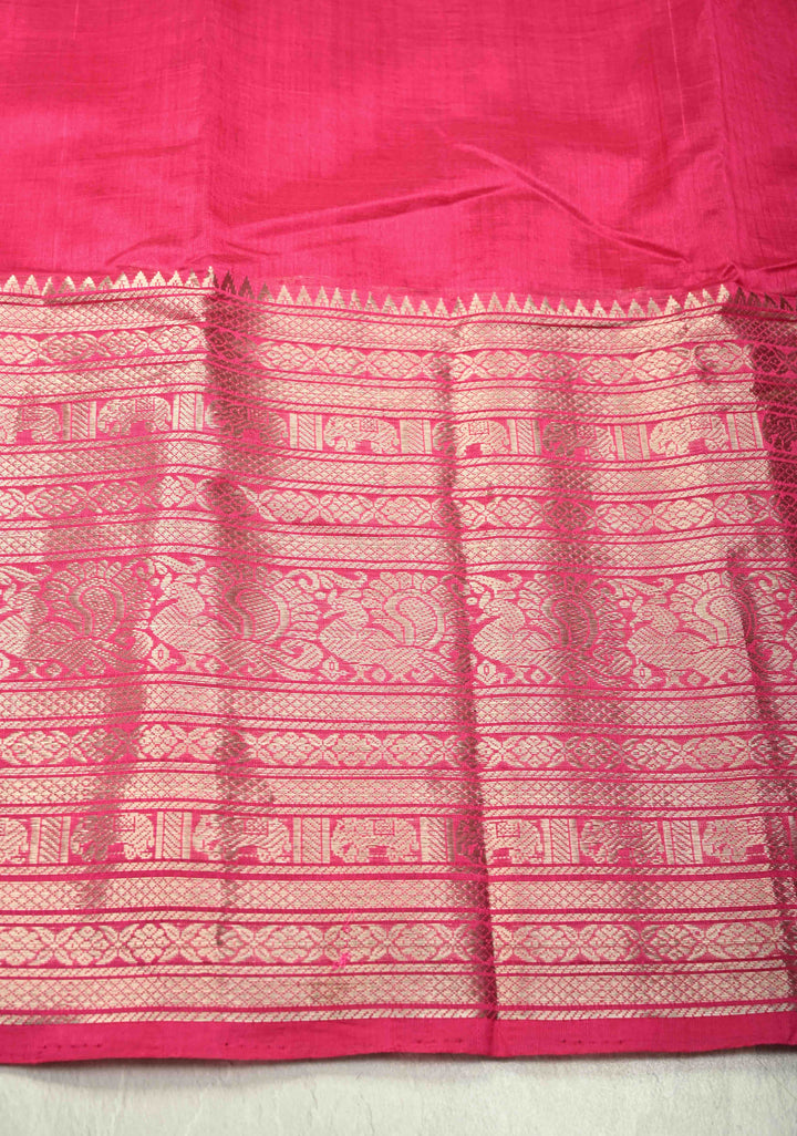 Magenta Handwoven Mangalagiri Silk Cotton Saree with Wide Silver Zari Border