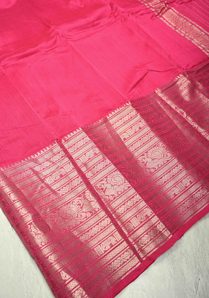 Magenta Handwoven Mangalagiri Silk Cotton Saree with Wide Silver Zari Border