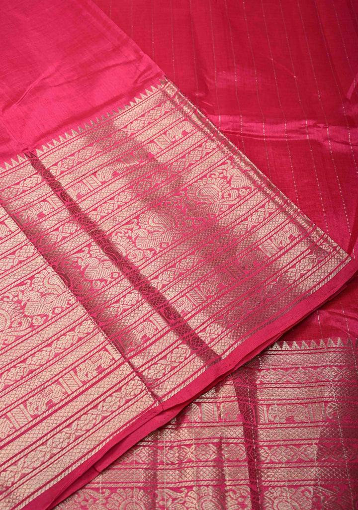 Magenta Handwoven Mangalagiri Silk Cotton Saree with Wide Silver Zari Border