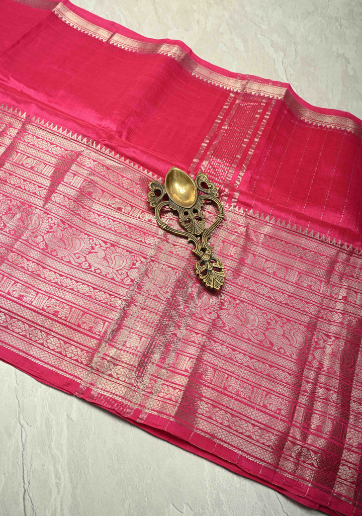Magenta Handwoven Mangalagiri Silk Cotton Saree with Wide Silver Zari Border