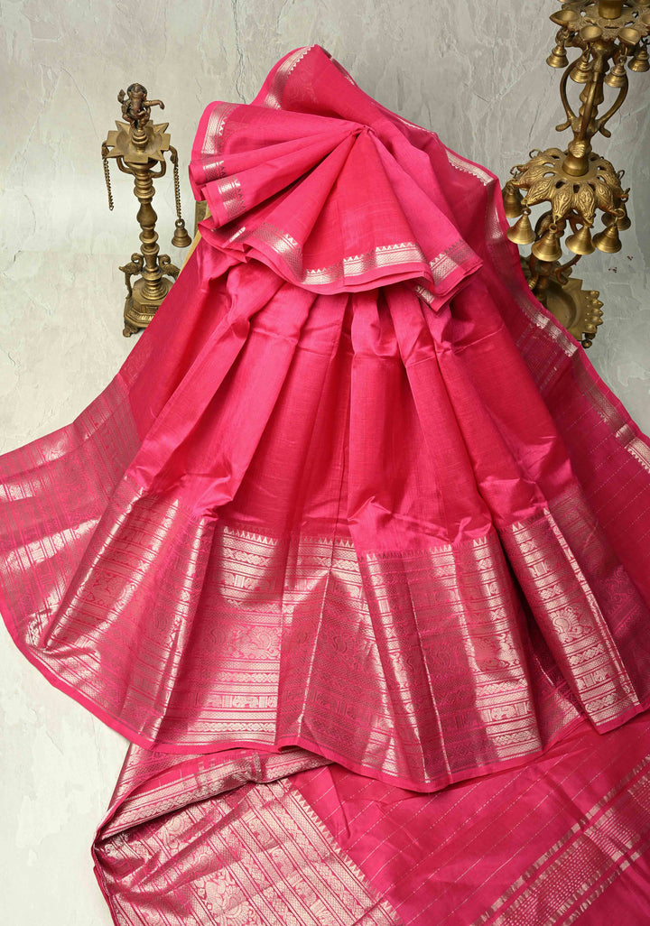 Magenta Handwoven Mangalagiri Silk Cotton Saree with Wide Silver Zari Border