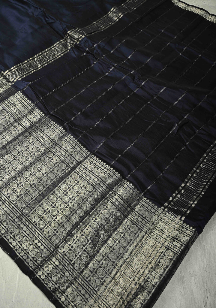 Midnight Blue Handwoven Mangalagiri Silk Cotton Saree with Wide Silver Zari Border