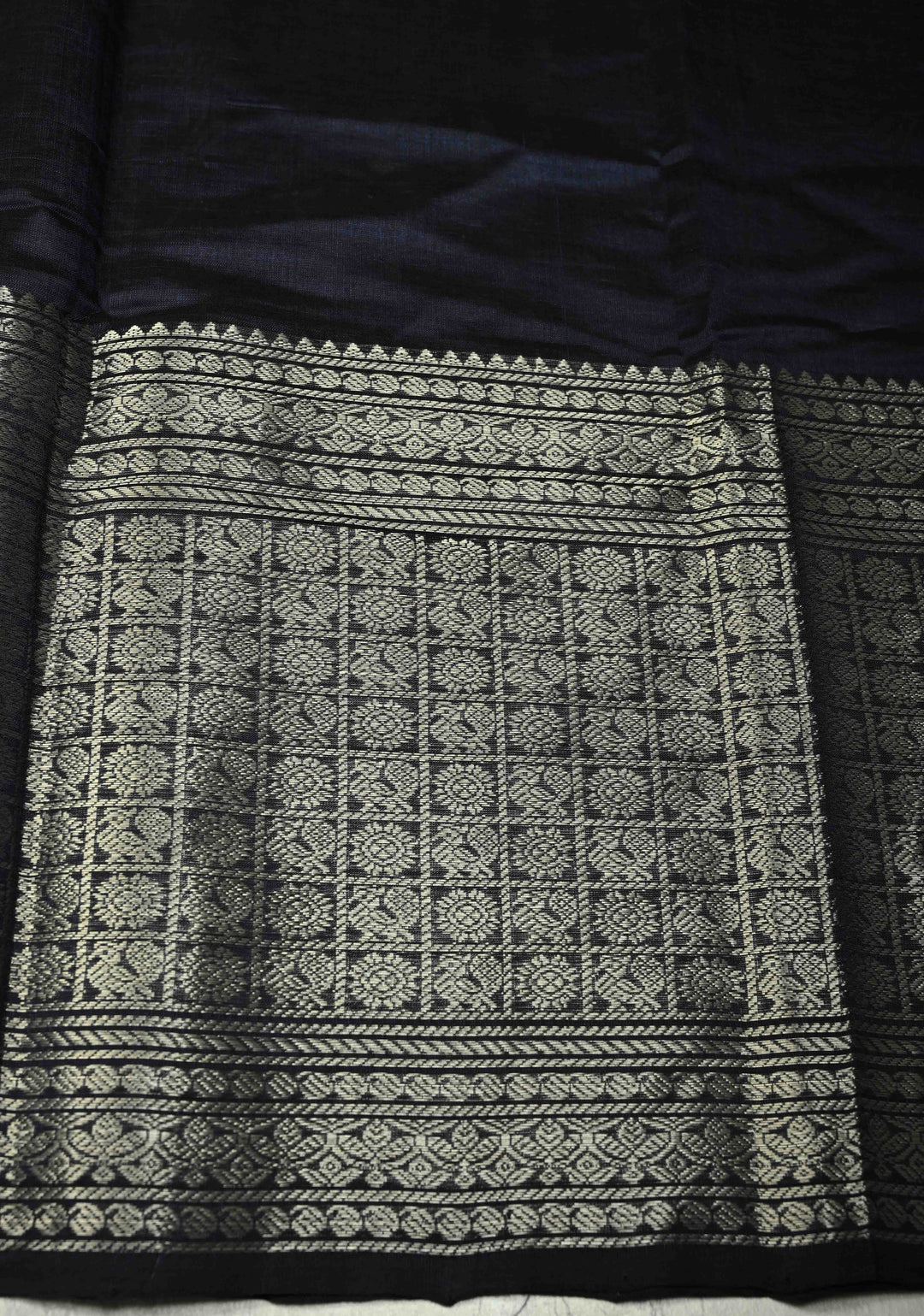 Midnight Blue Handwoven Mangalagiri Silk Cotton Saree with Wide Silver Zari Border