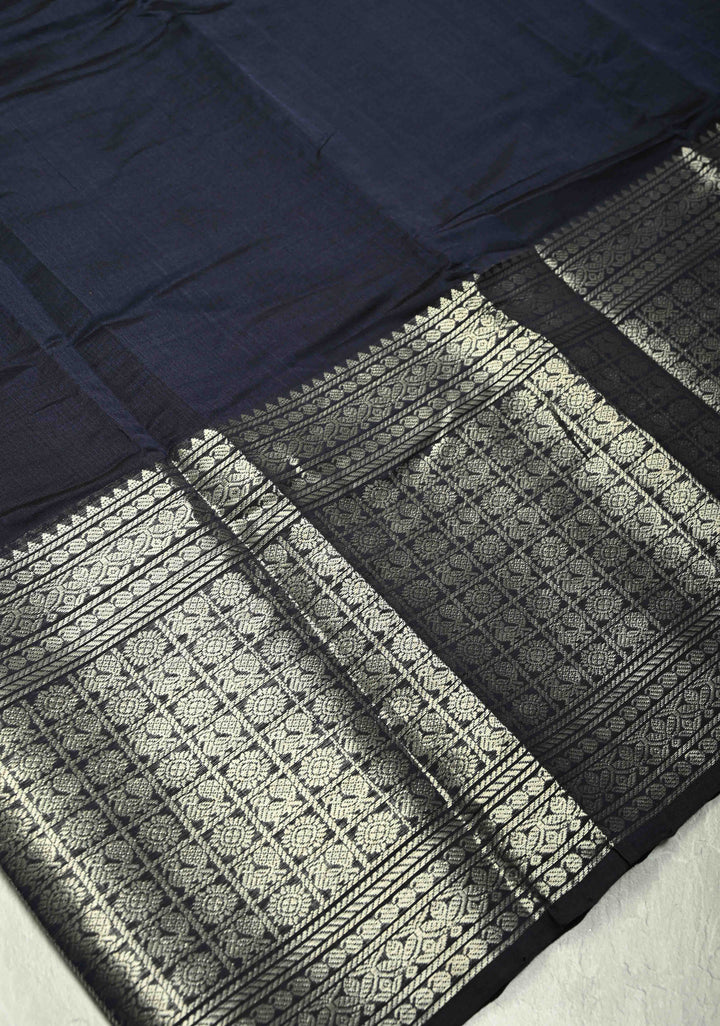 Midnight Blue Handwoven Mangalagiri Silk Cotton Saree with Wide Silver Zari Border