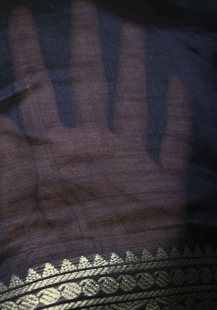 Midnight Blue Handwoven Mangalagiri Silk Cotton Saree with Wide Silver Zari Border