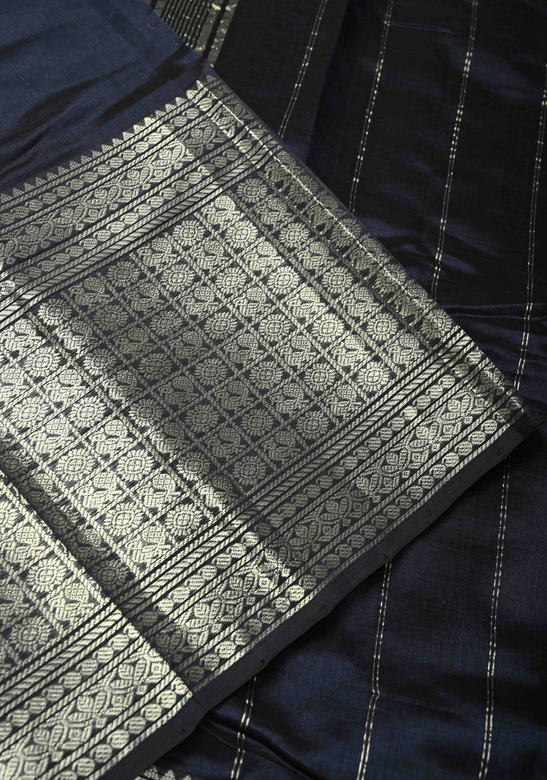 Midnight Blue Handwoven Mangalagiri Silk Cotton Saree with Wide Silver Zari Border