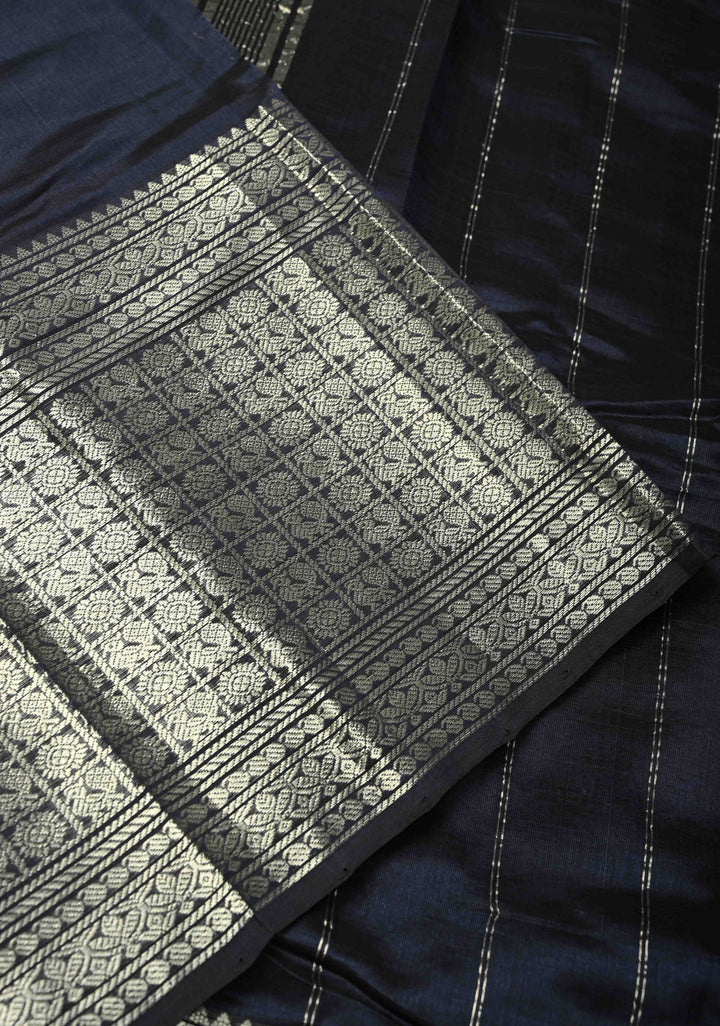 Midnight Blue Handwoven Mangalagiri Silk Cotton Saree with Wide Silver Zari Border