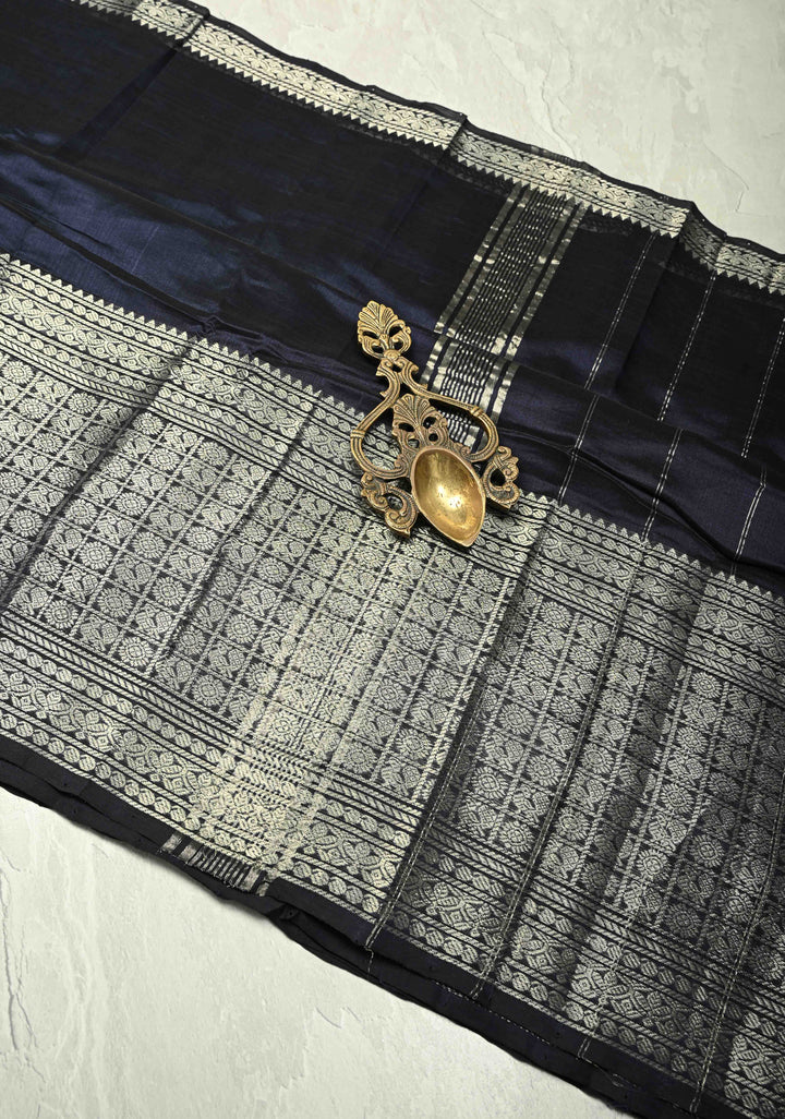 Midnight Blue Handwoven Mangalagiri Silk Cotton Saree with Wide Silver Zari Border