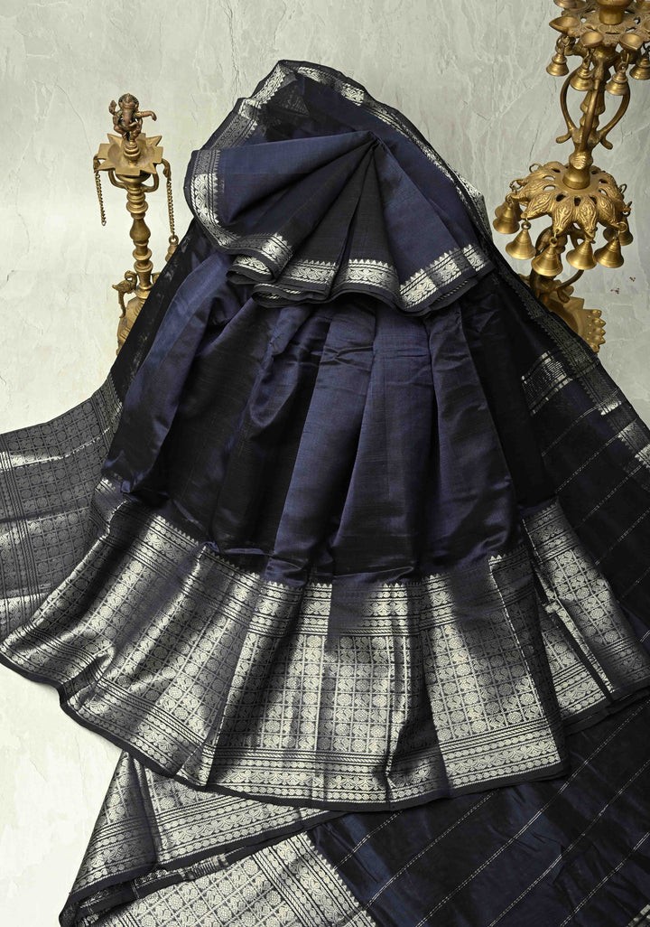 Midnight Blue Handwoven Mangalagiri Silk Cotton Saree with Wide Silver Zari Border