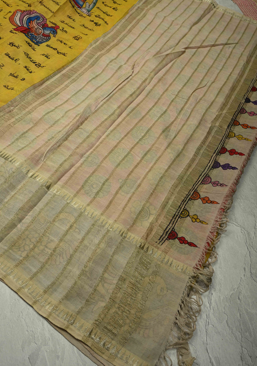 Telugu Script and Motiifs Theme : Yellow Authentic Pen Kalamkari Handpainted on Pure Mangalagiri Silk Cotton Saree with Contrast Border | SHOBITAM
