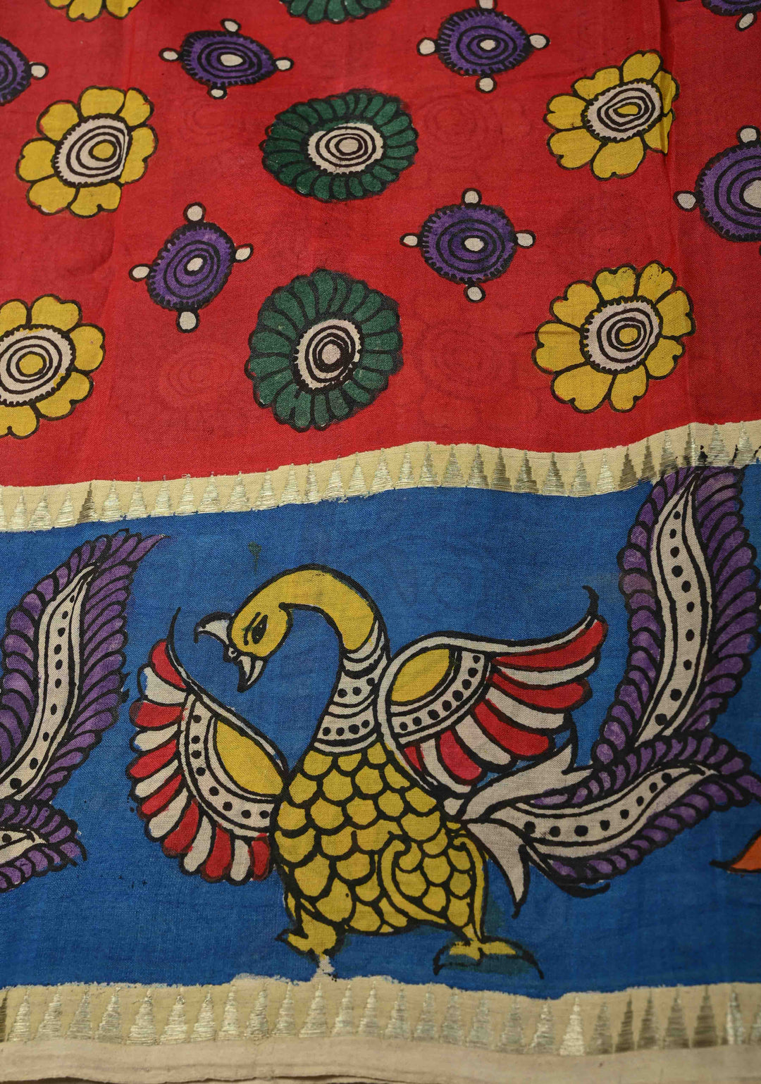 Telugu Script and Motiifs Theme : Yellow Authentic Pen Kalamkari Handpainted on Pure Mangalagiri Silk Cotton Saree with Contrast Border | SHOBITAM