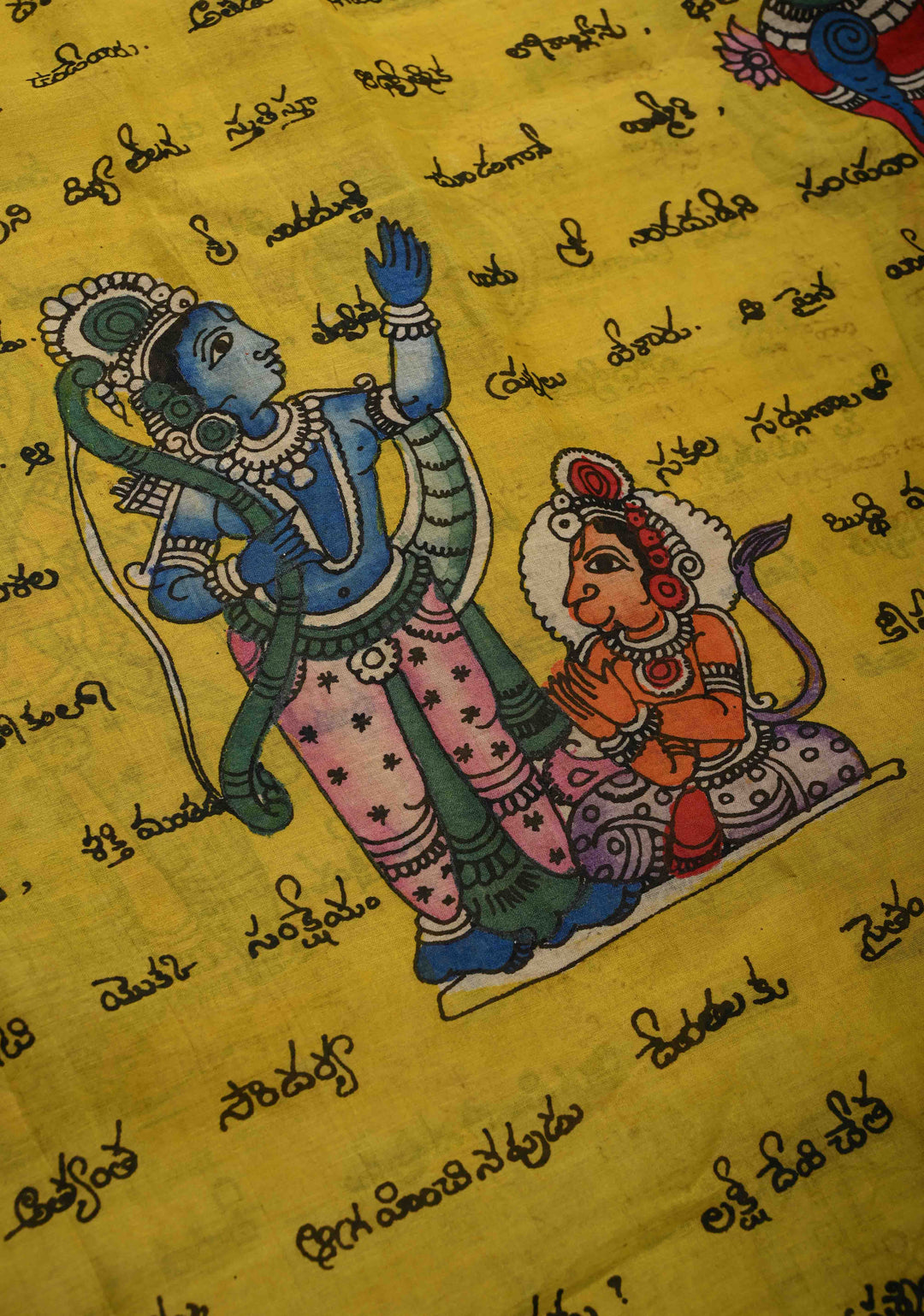 Telugu Script and Motiifs Theme : Yellow Authentic Pen Kalamkari Handpainted on Pure Mangalagiri Silk Cotton Saree with Contrast Border | SHOBITAM
