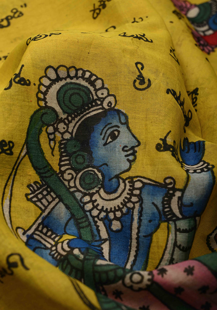 Telugu Script and Motiifs Theme : Yellow Authentic Pen Kalamkari Handpainted on Pure Mangalagiri Silk Cotton Saree with Contrast Border | SHOBITAM