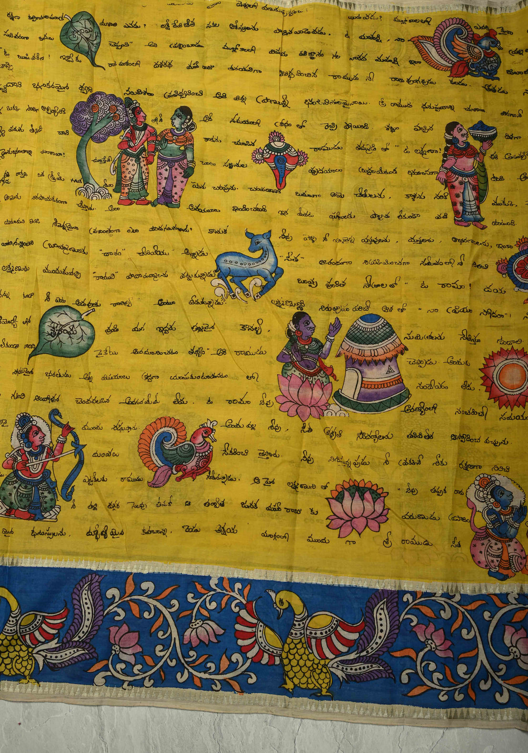 Telugu Script and Motiifs Theme : Yellow Authentic Pen Kalamkari Handpainted on Pure Mangalagiri Silk Cotton Saree with Contrast Border | SHOBITAM