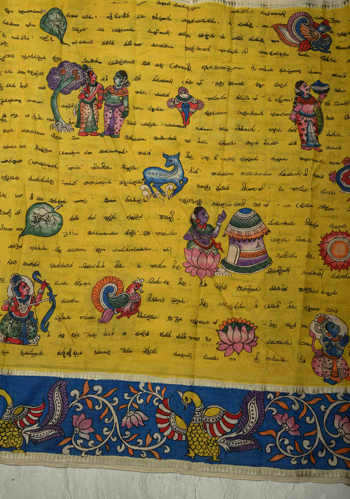 Telugu Script and Motiifs Theme : Yellow Authentic Pen Kalamkari Handpainted on Pure Mangalagiri Silk Cotton Saree with Contrast Border | SHOBITAM