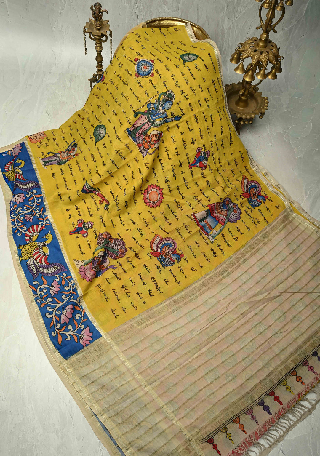 Telugu Script and Motiifs Theme : Yellow Authentic Pen Kalamkari Handpainted on Pure Mangalagiri Silk Cotton Saree with Contrast Border | SHOBITAM