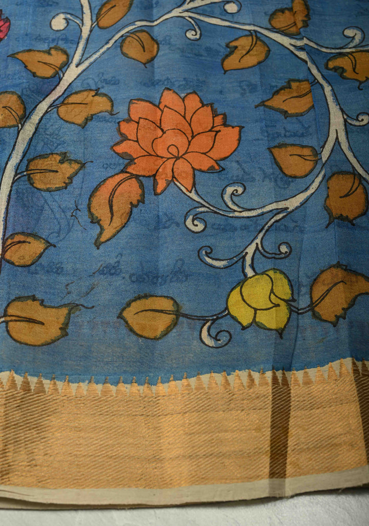 Telugu Script and Motiifs Theme : Natural Color Authentic Pen Kalamkari Handpainted on Pure Mangalagiri Silk Cotton Saree with Temple Zari Border