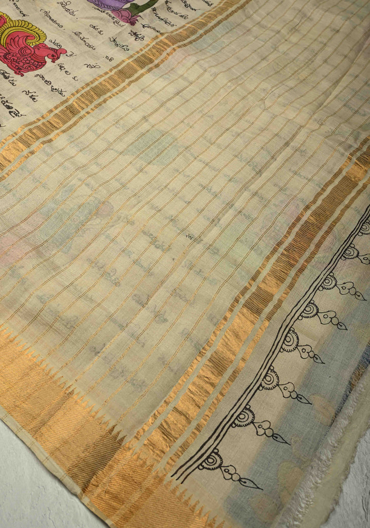 Telugu Script and Motiifs Theme : Natural Color Authentic Pen Kalamkari Handpainted on Pure Mangalagiri Silk Cotton Saree with Temple Zari Border